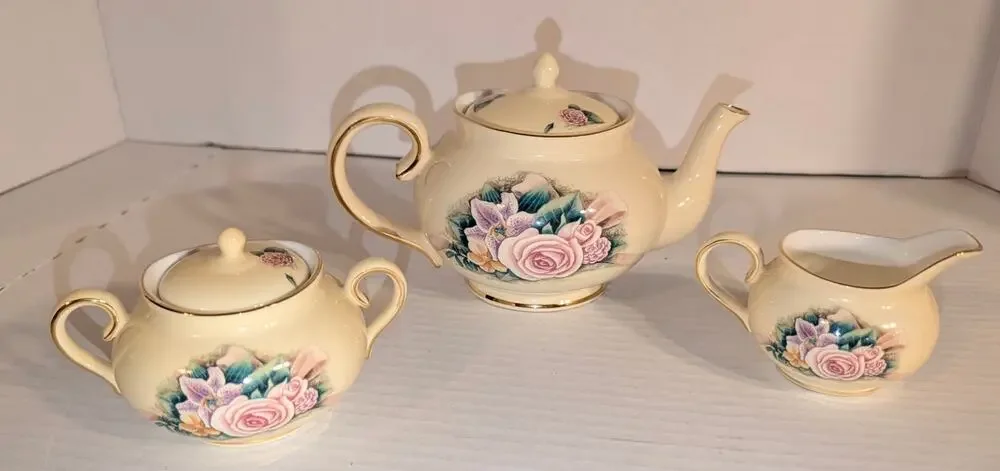 Vintage Crystal Cathedral Hour Of Power Bone China Tea Pot Sugar Bowl Creamer